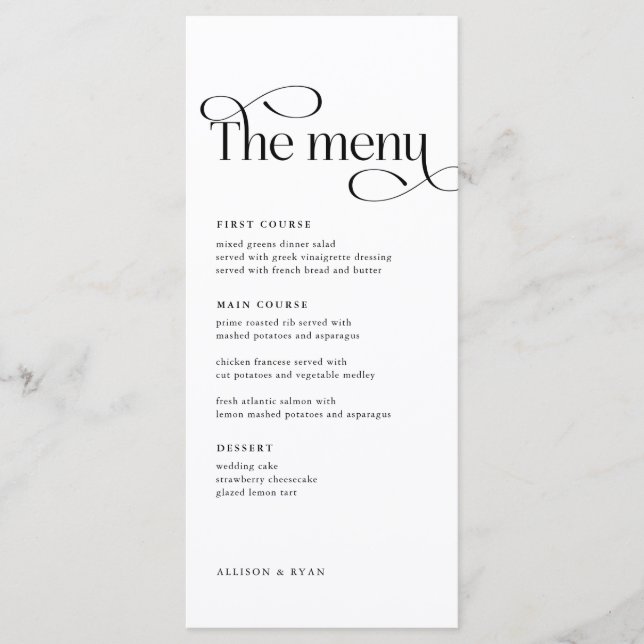 Classic Elegant Wedding Table Menu Cards (Front)