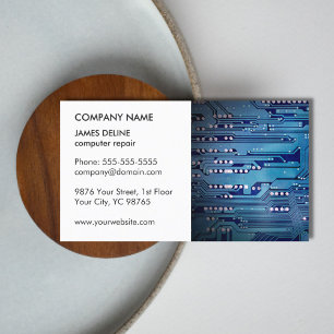 Classic Elegant White Blue Circuit Computer Repair Business Card