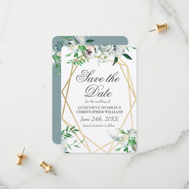 Classic Elegant White Rose Flat Save The Date Card (Front/Back In Situ)