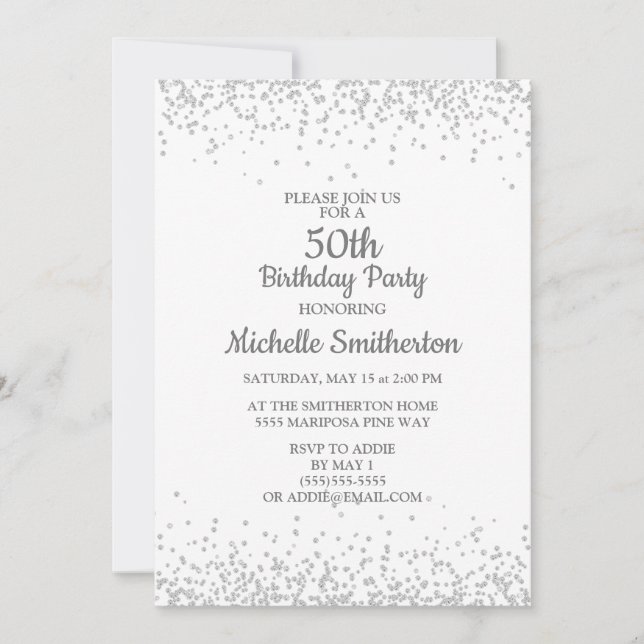Classic Elegant White Silver Glitter 50th Birthday Invitation (Front)