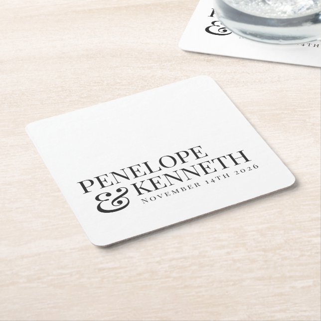 Classic Elegant White Simple Custom Wedding Names Square Paper Coaster (Angled)