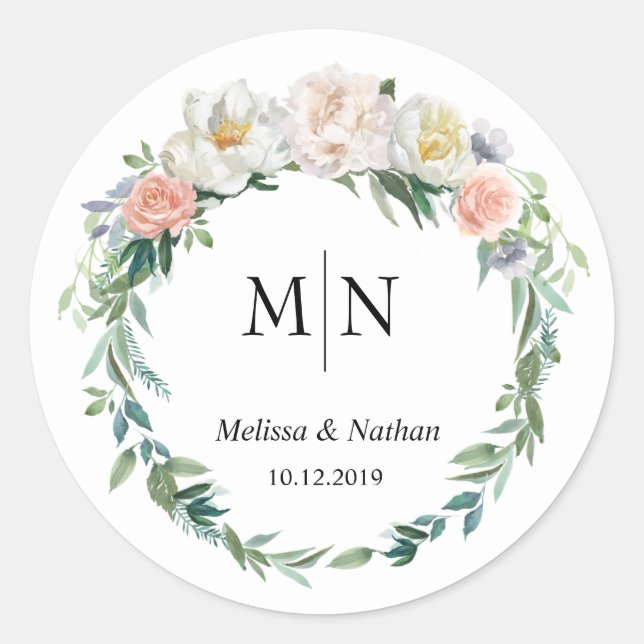 Classic Elegant Wreath Wedding Monogram Stickers (Front)