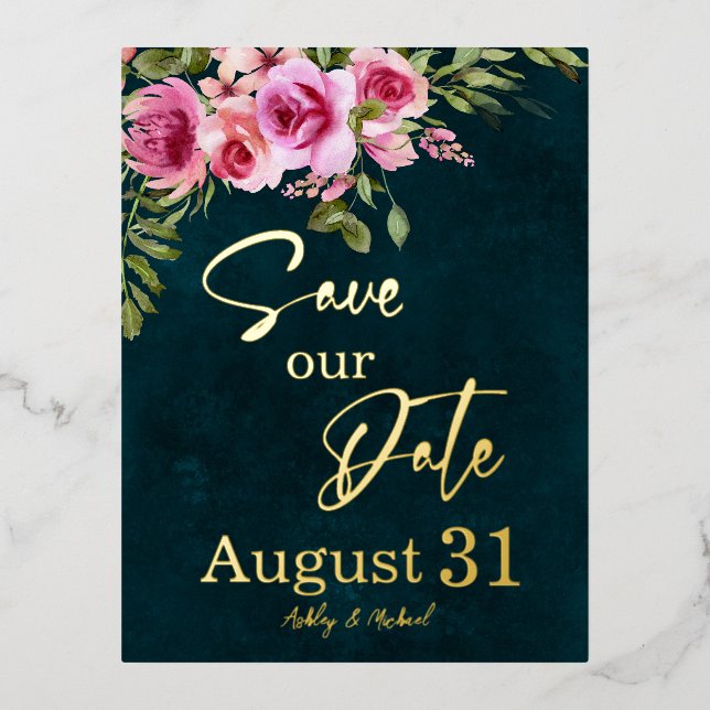 Classic Emerald Green Burgundy Dark Moody Wedding Foil Invitation Postcard (Front)