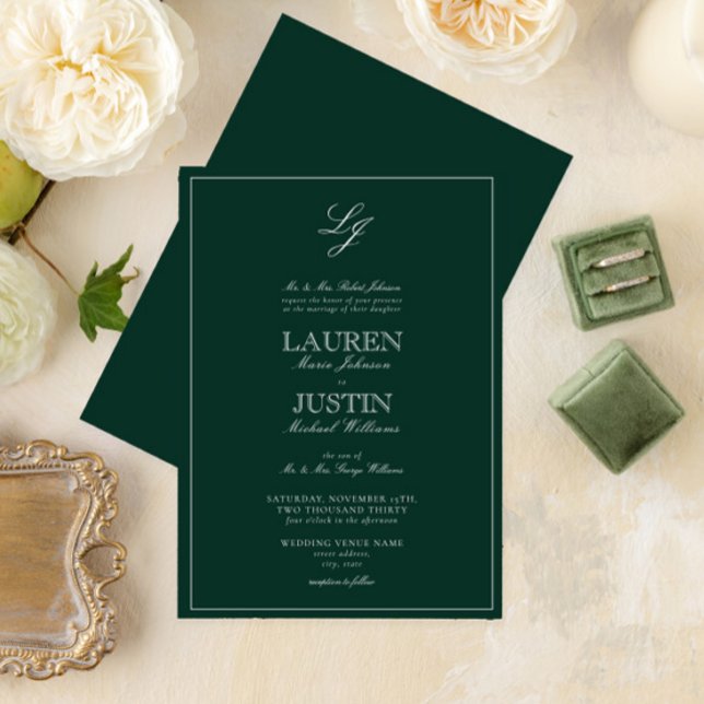 Classic Emerald Green Calligraphy Monogram Wedding Invitation (Creator Uploaded)
