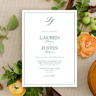 Classic Emerald Green Calligraphy Monogram Wedding Invitation