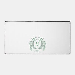 Classic Emerald Green Floral Crest Monogram Desk Mat