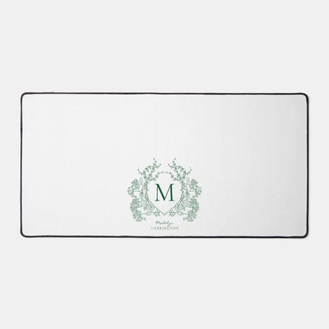 Classic Emerald Green Floral Crest Monogram Desk Mat (Front)
