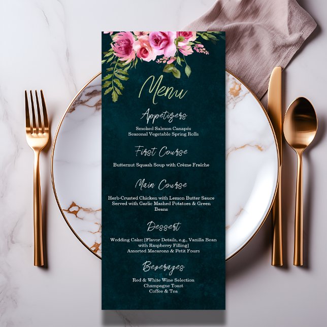 Classic Emerald Green Floral Dark Moody Wedding Menu (Creator Uploaded)