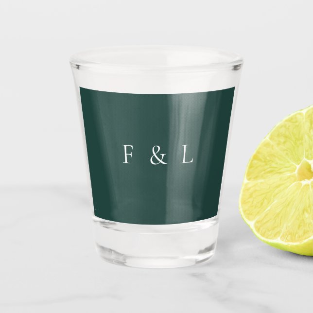 Classic Emerald Green Monogram Simple Wedding Shot Glass (Front)