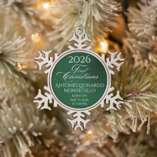 Classic Emerald Green Newborn Birth Details Snowflake Pewter Christmas Ornament
