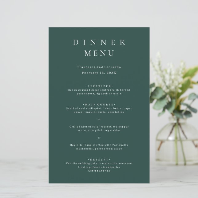 Classic Emerald Green Simple Wedding Menu (Standing Front)