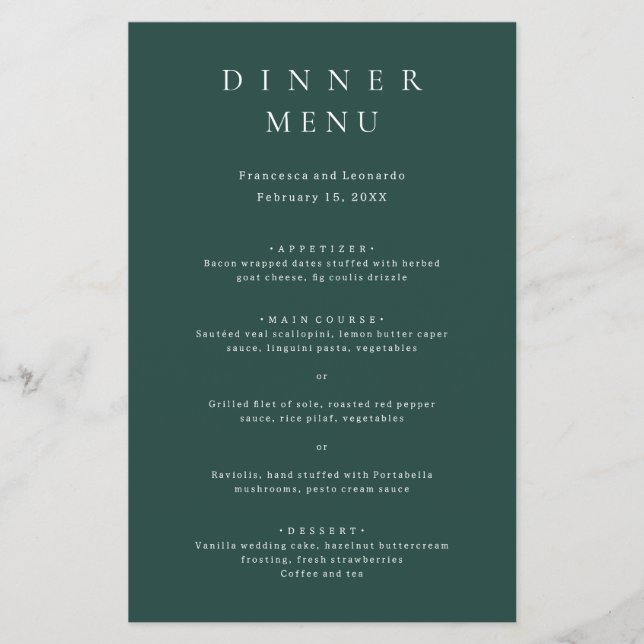 Classic Emerald Green Simple Wedding Menu (Front)