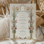 Classic Enchanted Garden Wedding Invitation<br><div class="desc">This wedding invitation is a romantic canvas painted with the soft tones of an English garden. Carnation pink, coral, and ivory blooms cascade down ornate golden urns, symbolising the growth and blossoming of love. The floral archway, adorned with delicate greenery, frames the couple's initials in a traditional Victorian style, creating...</div>