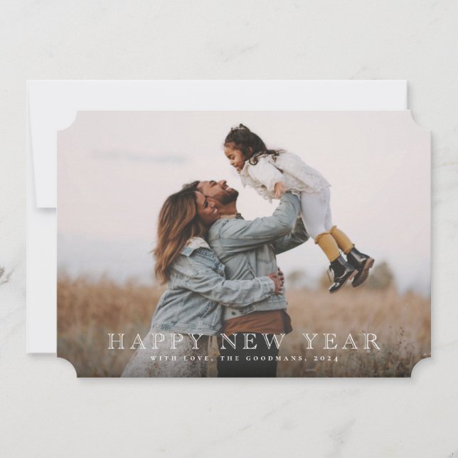 Classic Engraved White Typographic New Years Photo Holiday Card (Front)