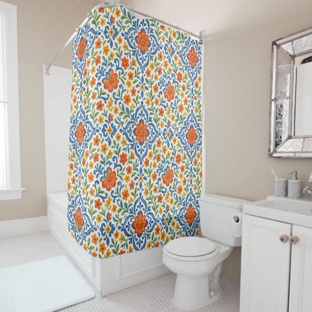 Classic Ethnic Mediterranean Floral Art Pattern Shower Curtain (In Situ)