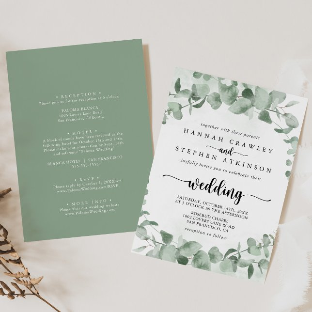 Classic Eucalyptus Foliage Front &amp; Back Wedding Invitation (Creator Uploaded)