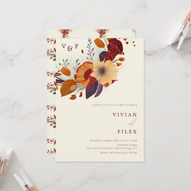 Classic Fall Wildflower Initial Name Wedding Invitation (Front/Back In Situ)