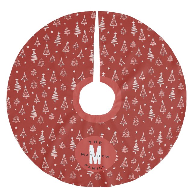 Classic Family Red Christmas Tree Monogram Brushed Polyester Tree Skirt (Front)