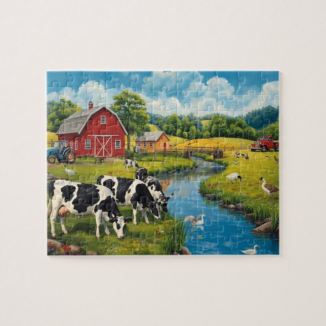 Classic Farm Scene Cows Red Barn Jigsaw Puzzle (Horizontal)