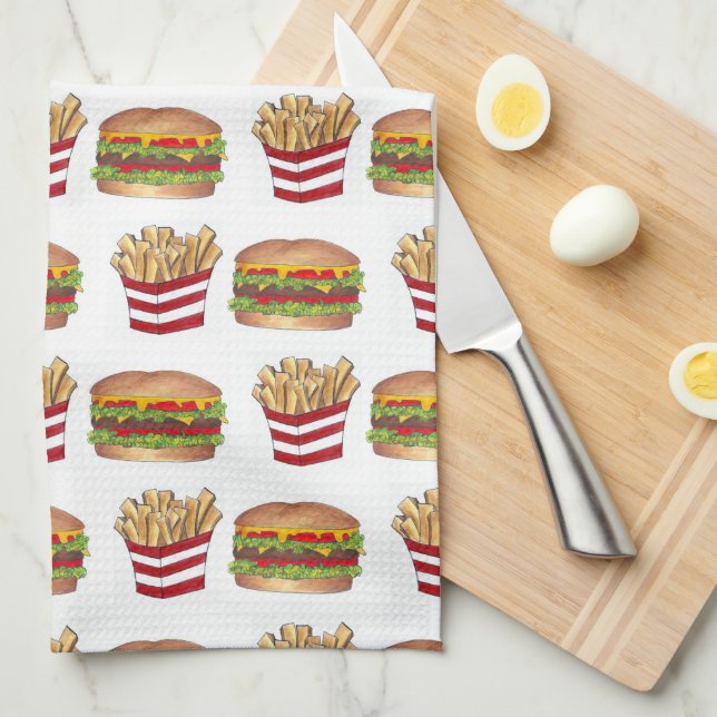Classic Fast Food Pairing Burger and French Fries Tea Towel (Quarter Fold)