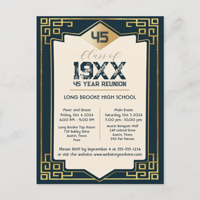 Classic Faux Gold Art Deco 45 Year Class Reunion  Postcard (Front)