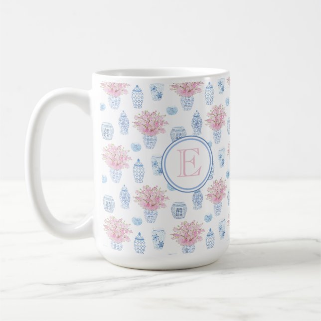 Classic Feminine Pink And Blue Ginger Jar Monogram Coffee Mug (Left)
