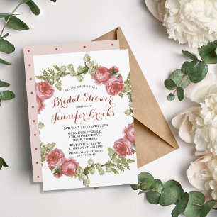 Classic Feminine Red Rose Wreath Bridal Shower Invitation