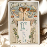 Classic Figurative Art Nouveau Wedding Menu Card<br><div class="desc">This exquisite Art Nouveau-inspired wedding menu card brings a touch of vintage elegance to any event. The front features an illustration of two graceful, classically styled figures holding a feast and a glass, symbolising abundance and celebration. Delicate lines and floral motifs in soft shades of teal, peach, and cream frame...</div>
