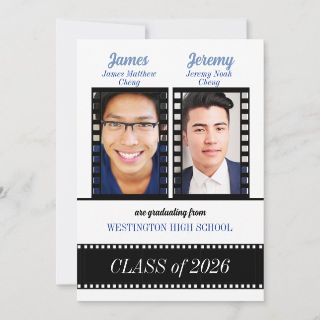 Classic Film Theme with Blue Twin Graduation Invitation (Front)
