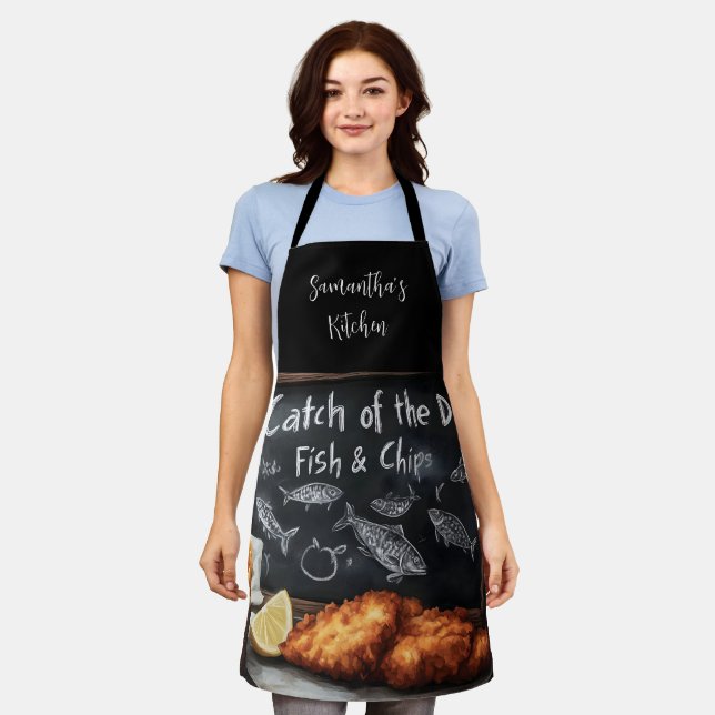 Classic Fish and Chips and Blackboard Illustration Apron (Worn)