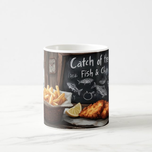Classic Fish and Chips and Blackboard Illustration Coffee Mug (Center)