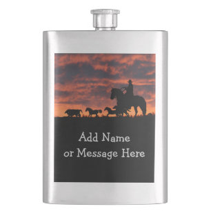 Classic Flask Cowboy and Sunset Customisable