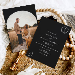 Classic floral black monogram wedding arch invitation