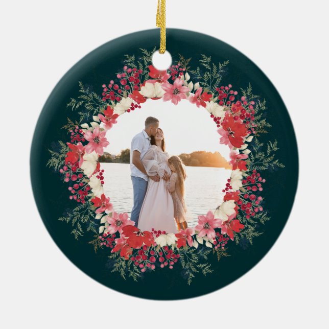 classic floral christmas botanical family photo ceramic tree decoration (Back)