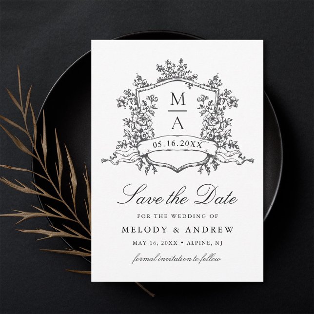 Classic Floral Crest Black & White Wedding Save The Date (Creator Uploaded)