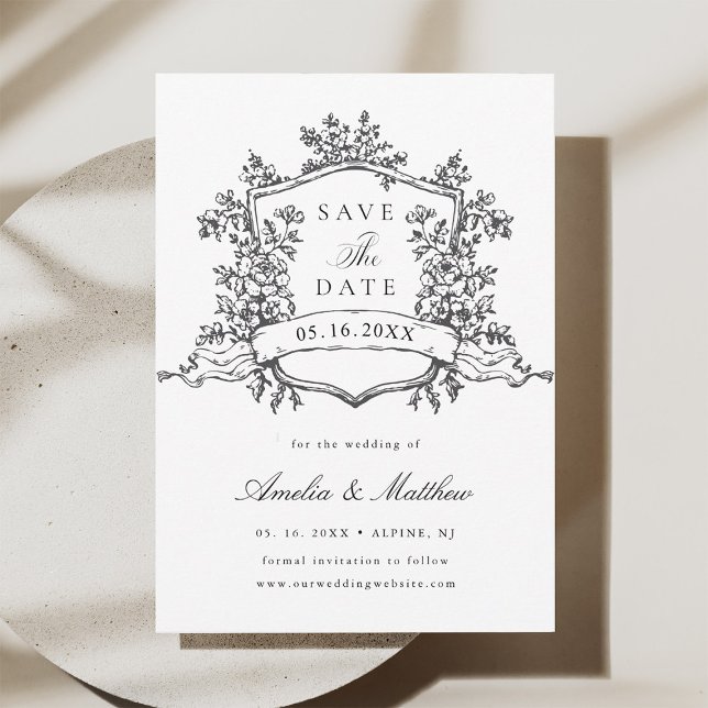 Classic Floral Crest Black & White Wedding  Save The Date (Creator Uploaded)