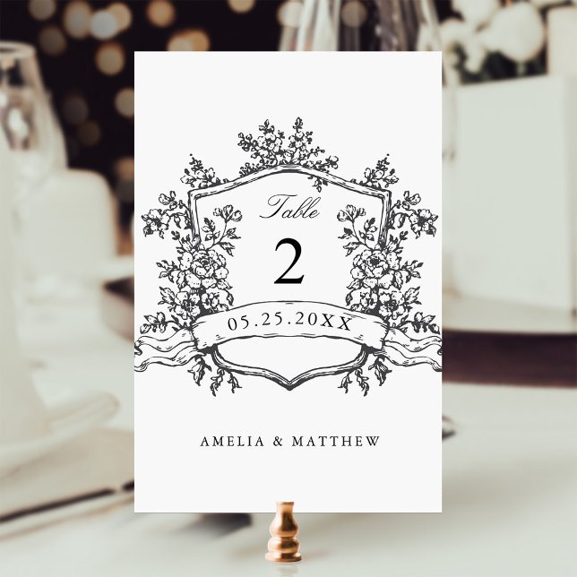 Classic Floral Crest Black & White Wedding Table Number (Creator Uploaded)