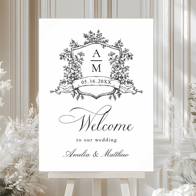 Classic Floral Crest Black & White Wedding Welcome Poster (Creator Uploaded)