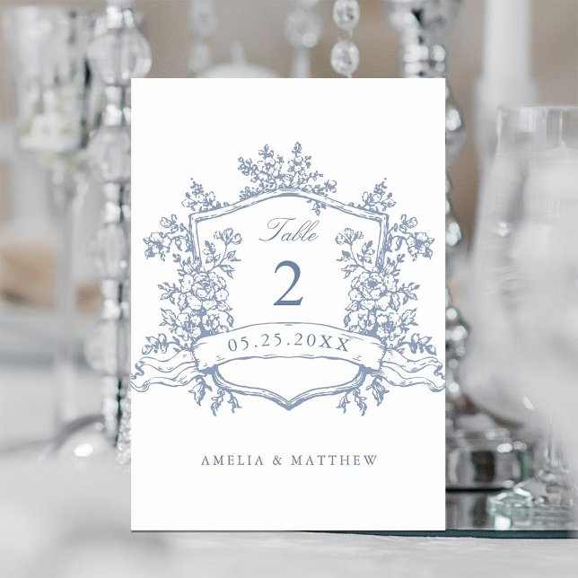 Classic Floral Crest Dusty Blue Wedding Table Number (Creator Uploaded)