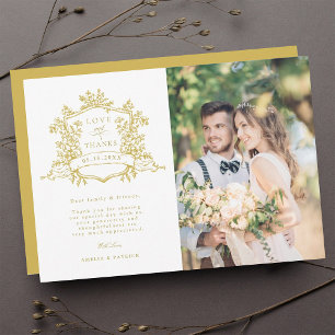 Classic Floral Crest Gold Wedding Photo  Thank You Card