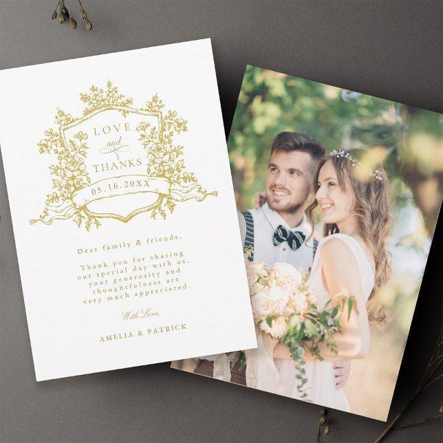 Classic Floral Crest Gold Wedding Photo Thank You Card (Front & Back)