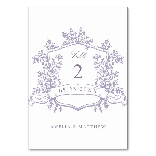 Classic Floral Crest Lavender Wedding Table Number (Front)