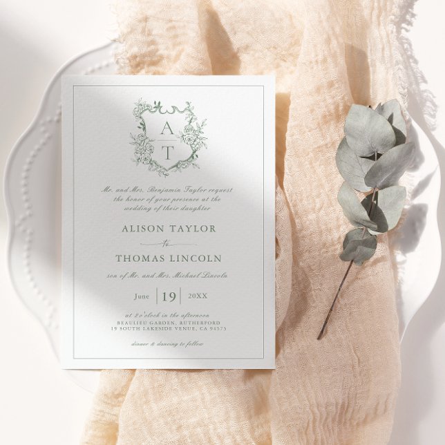 Classic Floral Crest Sage Green Wedding Invitation (Creator Uploaded)