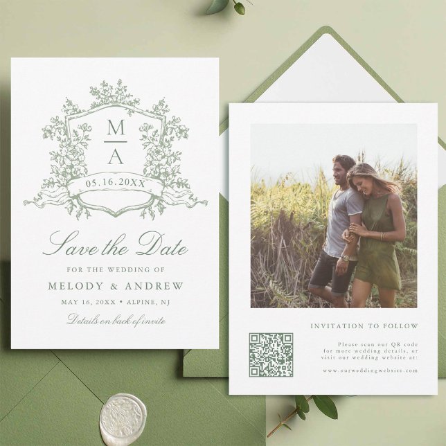 Classic Floral Crest Sage Green Wedding Photo  Save The Date (Front & Back)