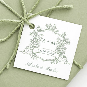 Classic Floral Crest Sage Green Wedding Thank You Favour Tags