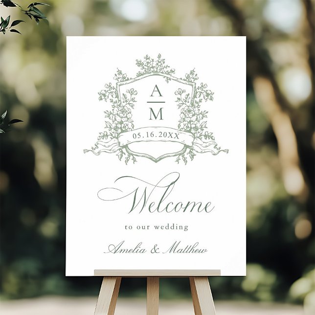 Classic Floral Crest Sage Green Wedding Welcome Poster (Creator Uploaded)