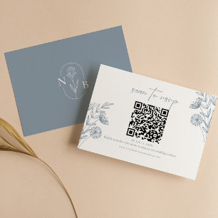 Classic Floral Dusty Blue Wedding Minimal QR Code RSVP Card