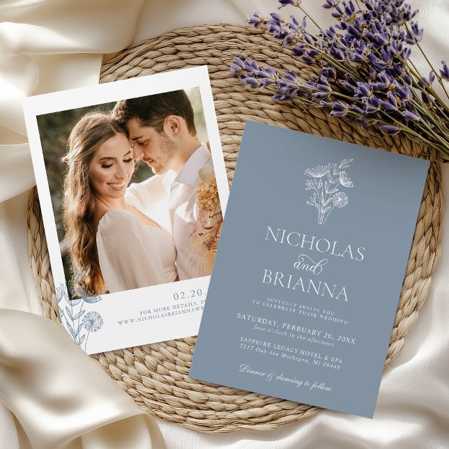 Classic Floral Dusty Blue Wedding Minimalist Photo Invitation (Creator Uploaded)