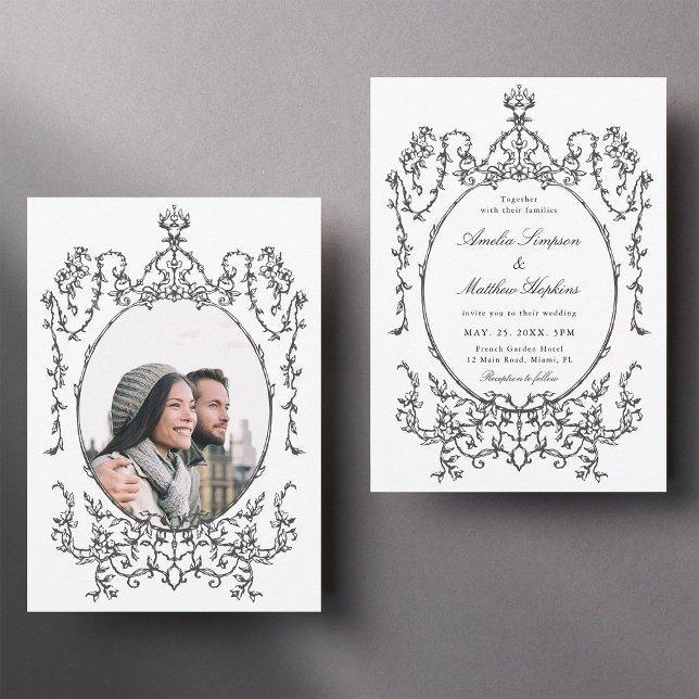Classic Floral Frame Black & White Wedding Photo Invitation (Front & Back)