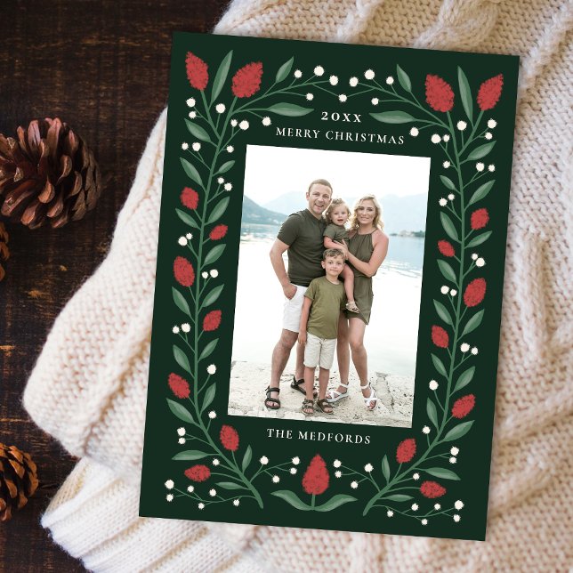 Classic Floral Frame Christmas Photo | Green Holiday Card (Creator Uploaded)